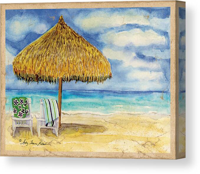 Palappa Canvas Print featuring the painting Palappa n Adirondack Chairs on the Mexican Shore by Audrey Jeanne Roberts