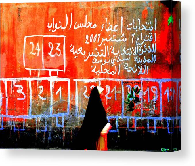 Marrakech Canvas Print featuring the photograph Passing by Marrakech Red Wall by Funkpix Photo Hunter