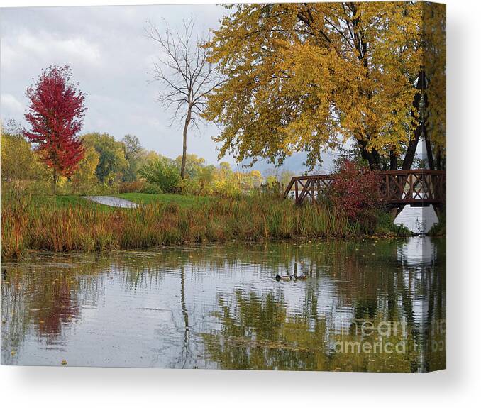 Winona Minnesota Canvas Print featuring the photograph Peaceful Autumn Trio With Reflections by Kari Yearous