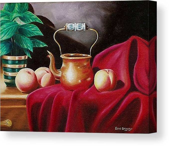 Still Life Canvas Print featuring the painting Peaches and pot by Gene Gregory