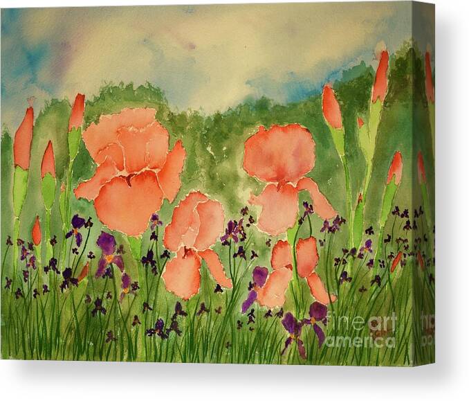 Barrieloustark Canvas Print featuring the painting Peachy Watercolor Iris by Barrie Stark