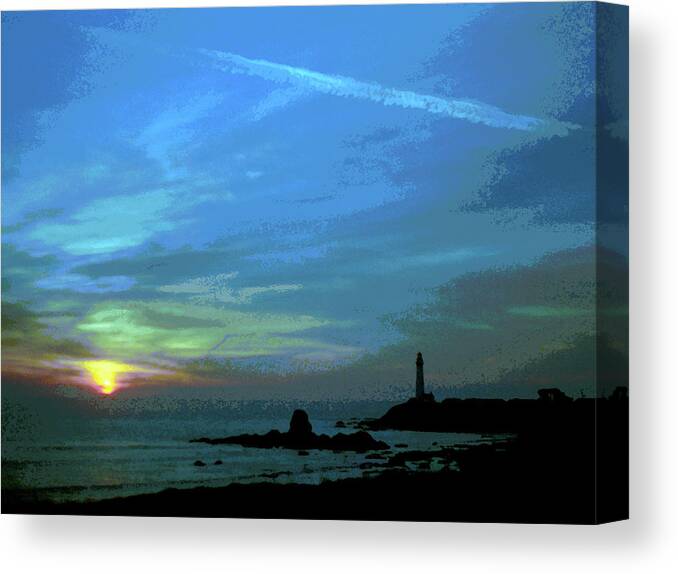 Lighthouse Canvas Print featuring the digital art Pigeon Point Lighthouse Green Flash Sunset, Pescadero California, Abstract 2 by Kathy Anselmo