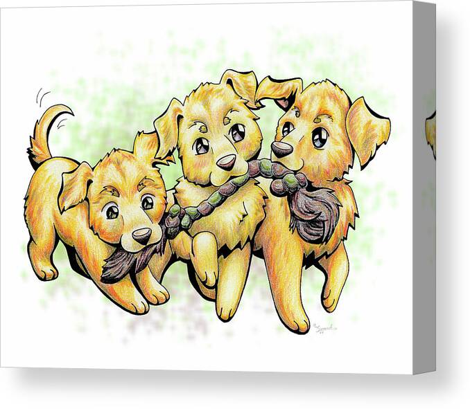 Puppy Canvas Print featuring the drawing PLAYTIME Golden Retriever by Sipporah Art and Illustration
