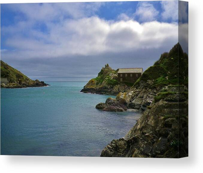 Polperro Canvas Print featuring the photograph Polperro Harbour Entrance and Chapel Rock Cornwall by Richard Brookes