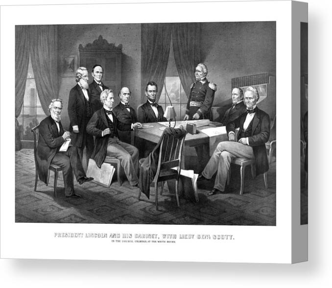 Abraham Lincoln Canvas Print featuring the mixed media President Lincoln His Cabinet and General Scott by War Is Hell Store