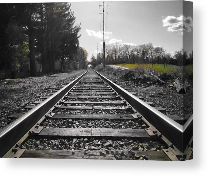 Railroad Tracks Canvas Print featuring the photograph Railroad Tracks BW by Chris Montcalmo