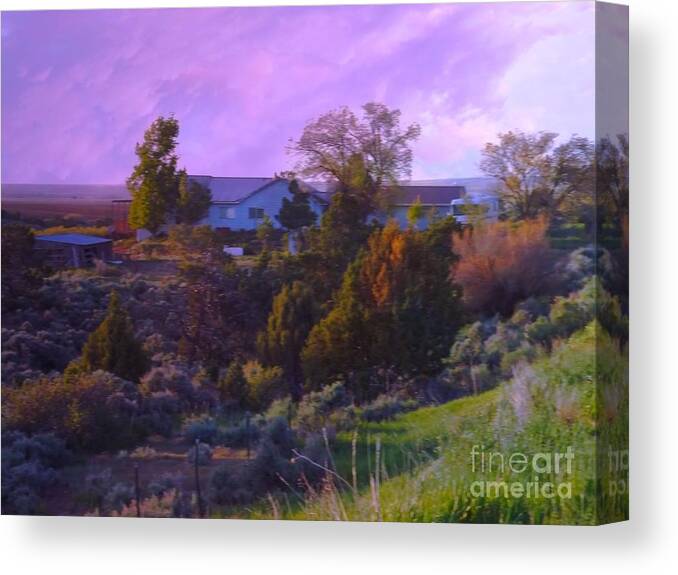 Rain Clouds Blow Away Over Modern Farm House Egnar Colorado Hwy 414 Canvas Print featuring the digital art Rain clouds Farm house Egnar Colorado by Annie Gibbons