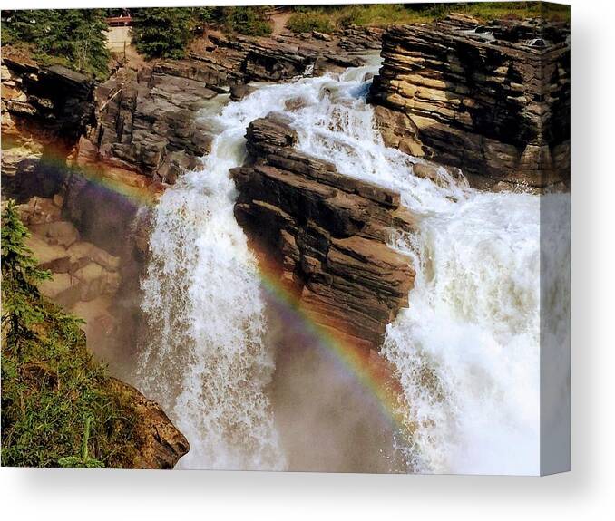 Rainbow. Athabasca Falls Canvas Print featuring the photograph Rainbow at Athabasca Falls by David T Wilkinson