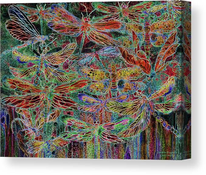 Carol Cavalaris Canvas Print featuring the mixed media Rainbow Dragonflies by Carol Cavalaris