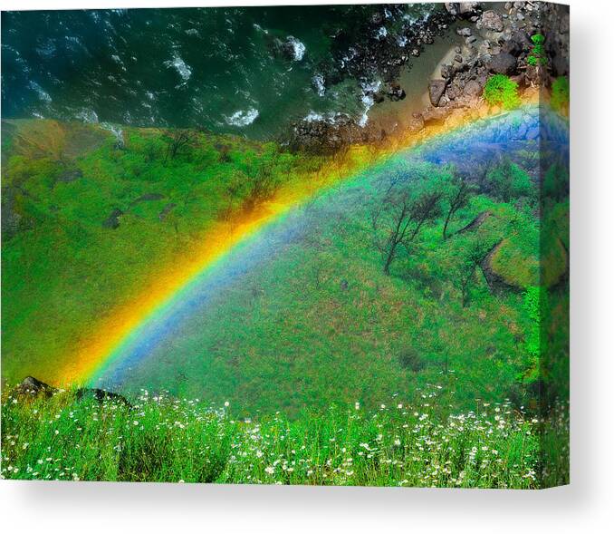 341 Rainbow Of Prayers Wide Horizontal Landscape Rainbow Mist Water Rock Wild Flower Wildflower Green Red Orange Yellow Blue Cyan White Black Plants Arc Daylight Daytime Pacific Nw Northwest North West Wa Washington State Us Usa United States Of America Outdoor Outside Vibrant Vivid Whimsical Steve Steven Maxx Photography Photo Photographs Canvas Print featuring the photograph Rainbow of Prayers by Steven Maxx