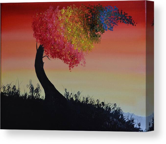 An Abstract Oil Painting Of A Tree Bending In The Wind. The Leaves Are Different Colors To Represent A Rainbow. Canvas Print featuring the painting Rainbow Tree by Martin Schmidt