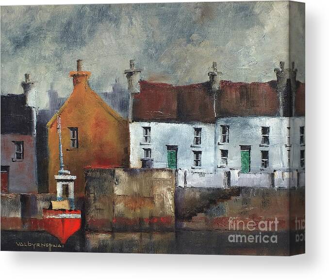  Canvas Print featuring the painting Red Boat in Aran by Val Byrne