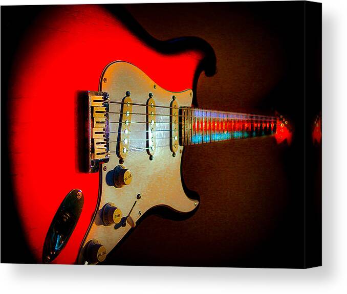 Guitar Canvas Print featuring the digital art Red Burst Stratocaster Glow Neck Series by Guitarwacky Fine Art