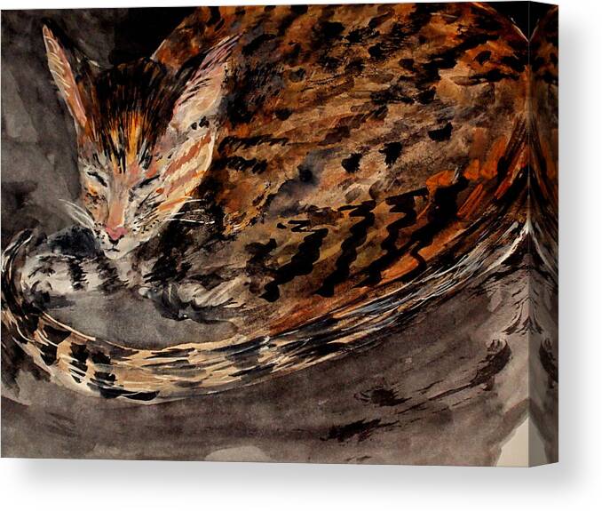 Watercolor And Gouache Painting Of A Cat Canvas Print featuring the painting Red Spot Tabby by Nancy Kane Chapman