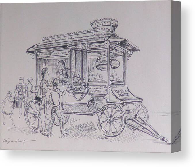 Homemade Popcorn Truck Canvas Print featuring the drawing Red Wagon Popcorn by Lily Spandorf