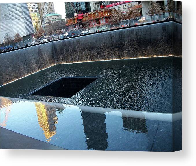Reflecting Pool Canvas Print featuring the photograph Reflecting Pool at 9/11 Memorial Site in NYC by Linda Stern