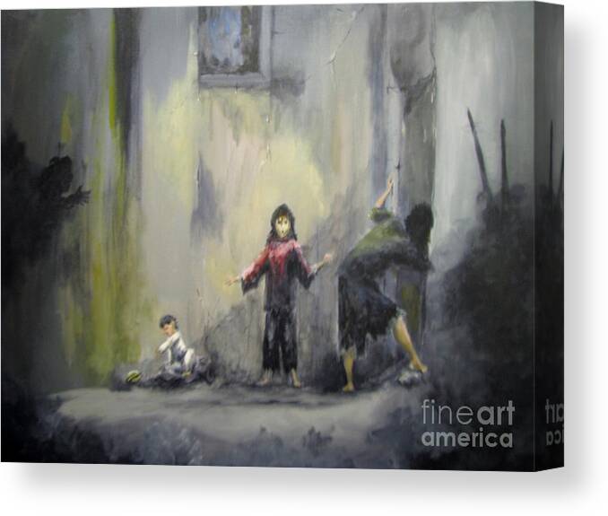 Syrian Refugees; Bombed Out Building; Isis Destruction Of People; Fear; Running From Isis Canvas Print featuring the painting Refugees by Patricia Kanzler