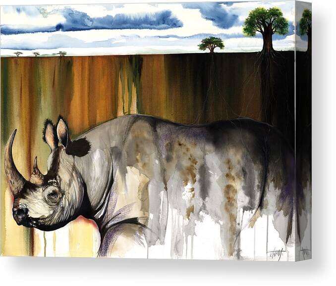 Rhino Canvas Print featuring the mixed media Rhino I rooted ground by Anthony Burks Sr