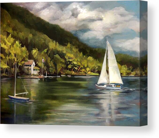 Lake Morey Canvas Print featuring the painting Sailboat on Lake Morey by Nancy Griswold