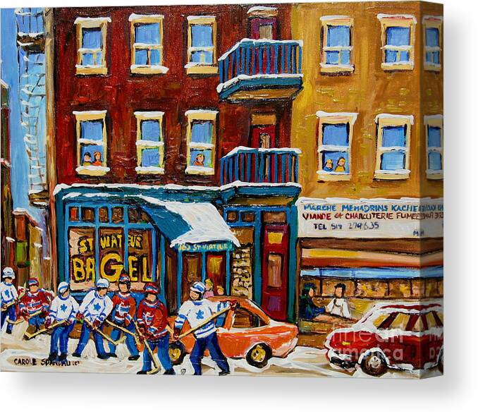 Montreal Canvas Print featuring the painting Saint Viateur Bagel With Hockey by Carole Spandau