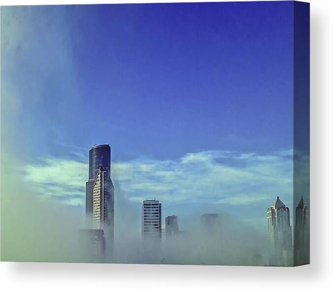 Blue Canvas Print featuring the photograph Seattle Fog Scape by Kathryn Alexander MA
