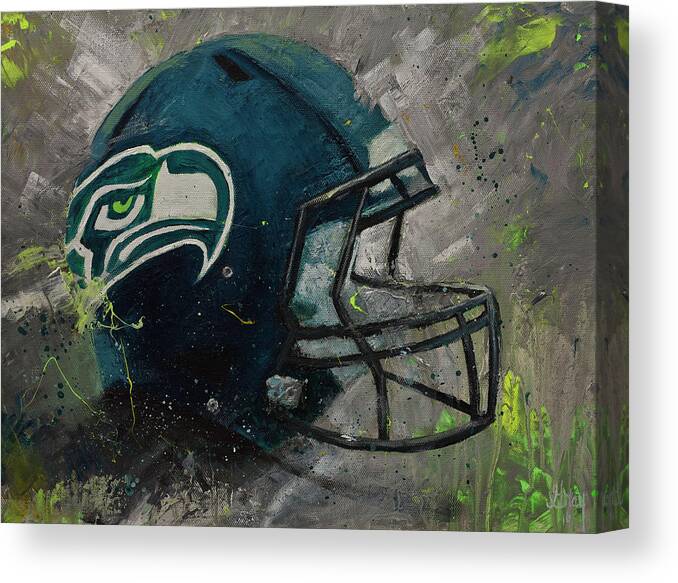 Seattle Seahawks Canvas Print featuring the painting Seattle Seahawks Football Helmet Wall Art by Gray Artus