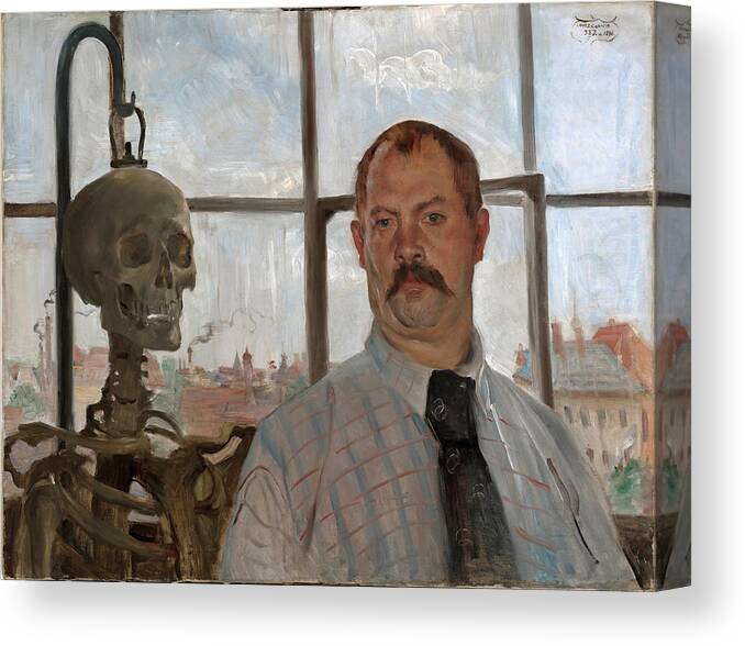 Lovis Corinth Canvas Print featuring the painting Selfportrait with skeleton by Lovis Corinth