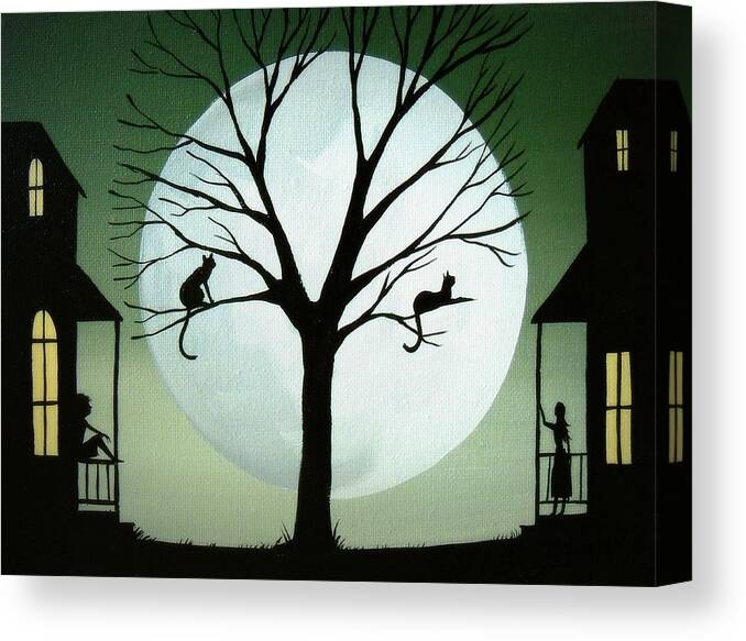 Folk Art Canvas Print featuring the painting Sharing The Moon - cat silhouette art by Debbie Criswell