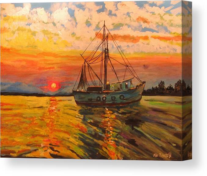 Sunset Canvas Print featuring the painting Shrimp Boat by Mike Benton