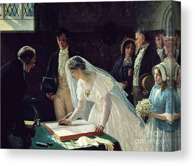 Edmund Blair Leighton - Signing The Register Canvas Print featuring the painting Signing the Register by MotionAge Designs
