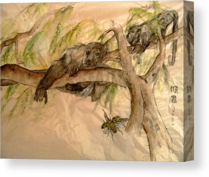 Monkey Canvas Print featuring the painting Simian And Beetle by Debbi Saccomanno Chan