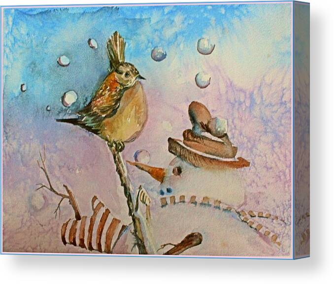 Bird Canvas Print featuring the painting Frosty tosses Snowballs at the Bird. by Mindy Newman