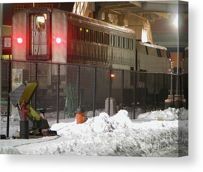 Kansas City Union Train Station Canvas Print featuring the photograph Snowy Winter Arrival 1 by Tim Mulina