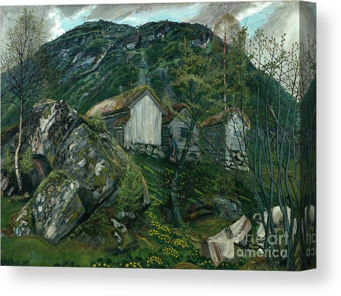 Nikolai Astrup Canvas Print featuring the painting Spring atmosphere at a smallholing by O Vaering