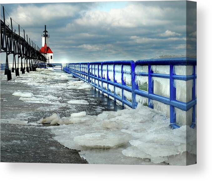 Winter Canvas Print featuring the photograph St Joseph Lighthouse Ice by David T Wilkinson