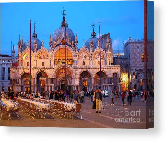 St Mark's Square Canvas Print featuring the photograph St Mark's Square and the Basilica at night in Venice by Louise Heusinkveld