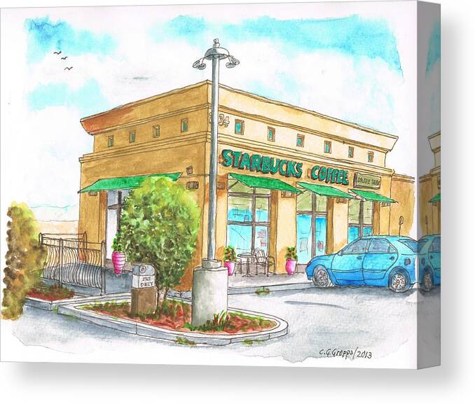 Starbucks Coffe Canvas Print featuring the painting Starbucks Coffee in Barstow - CA by Carlos G Groppa