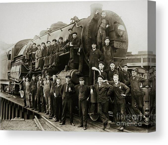 Steam Engine Canvas Print featuring the photograph Steam Engine 351 on Turntable Coxton Yards Coxton Pennsylvania early 1900s by Arthur Miller