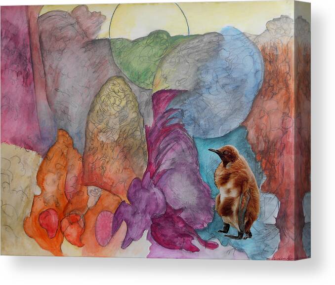 Surreal Surrealist Watercolor Painting Paintings Collage Nature Penguin Dusk Color Multicolored Foliage Photography Humorous Humor Canvas Print featuring the painting Stroll Through the Park at Dusk by Laura Joan Levine