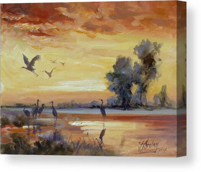 Cranes Canvas Print featuring the painting Sunset on the marshes with cranes by Irek Szelag