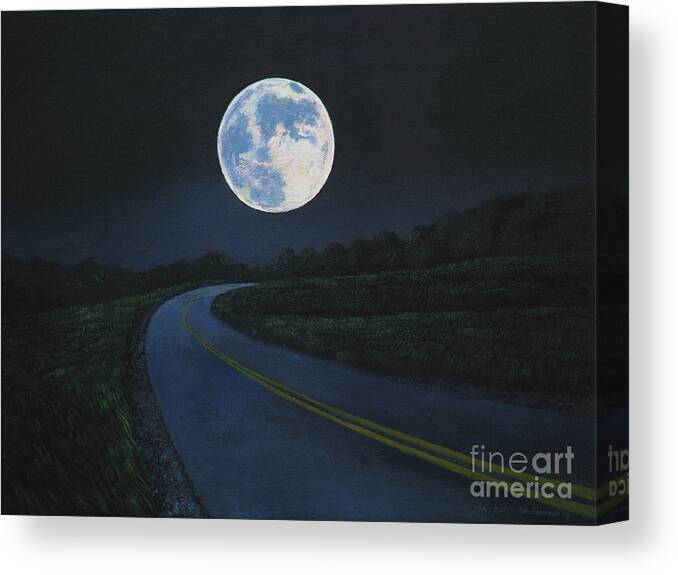 Super Moon Canvas Print featuring the painting Super Moon at the end of the road by Christopher Shellhammer