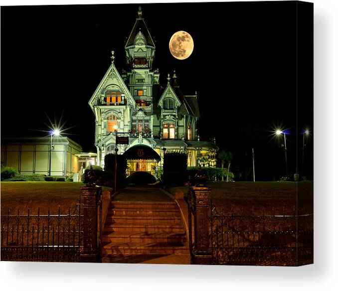 Moon Canvas Print featuring the photograph Super Moon over Carson Mansion by Greg Nyquist