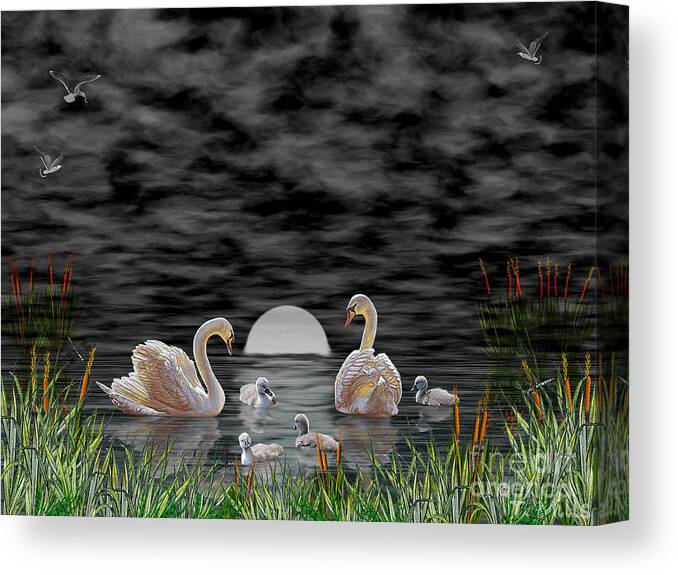 Swan Canvas Print featuring the digital art Swan Family by Terri Mills