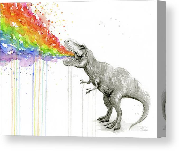 T-rex Canvas Print featuring the painting T-Rex Tastes the Rainbow by Olga Shvartsur