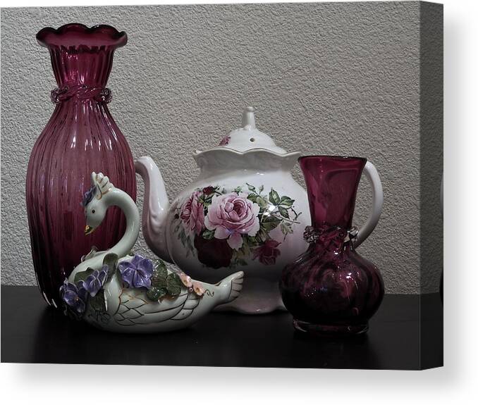 Tea Pot Canvas Print featuring the photograph Tea Pot and Cranberry Glass by Richard Thomas