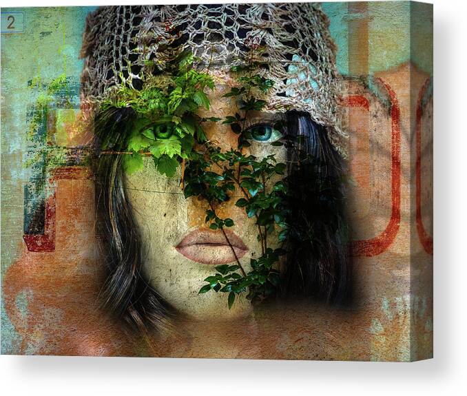Face Canvas Print featuring the digital art The face with the green leaves by Gabi Hampe