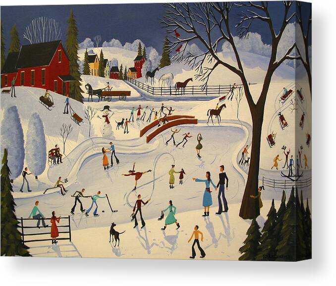 Ice Skating Canvas Print featuring the painting The Farm Pond - artist folkartmama by Debbie Criswell