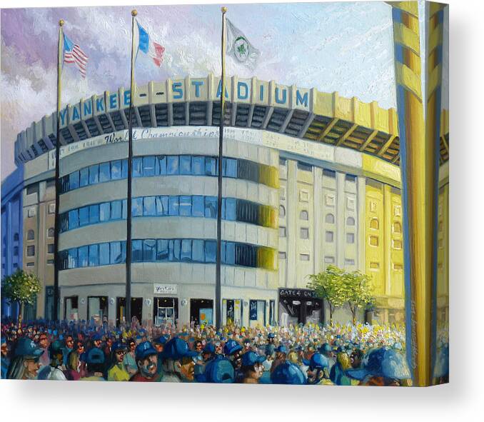 Yankee Stadium Paintings Canvas Print featuring the painting The House That Steinbrenner Wrecked Opening Day by Gregg Hinlicky