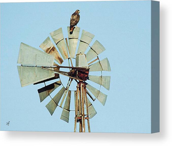 Windmill Canvas Print featuring the mixed media The Perch, Red Tailed Hawk on a Windmill by Shelli Fitzpatrick