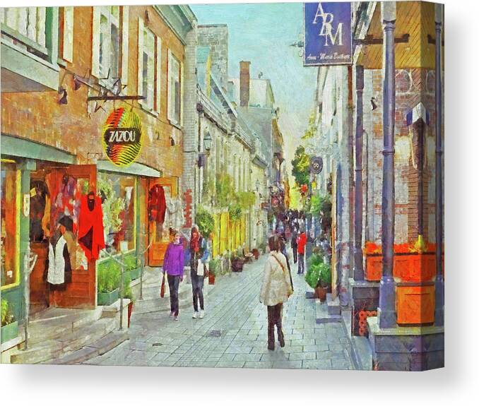 Quebec City Canvas Print featuring the digital art The Rue du Petit Champlain in Quebec City by Digital Photographic Arts